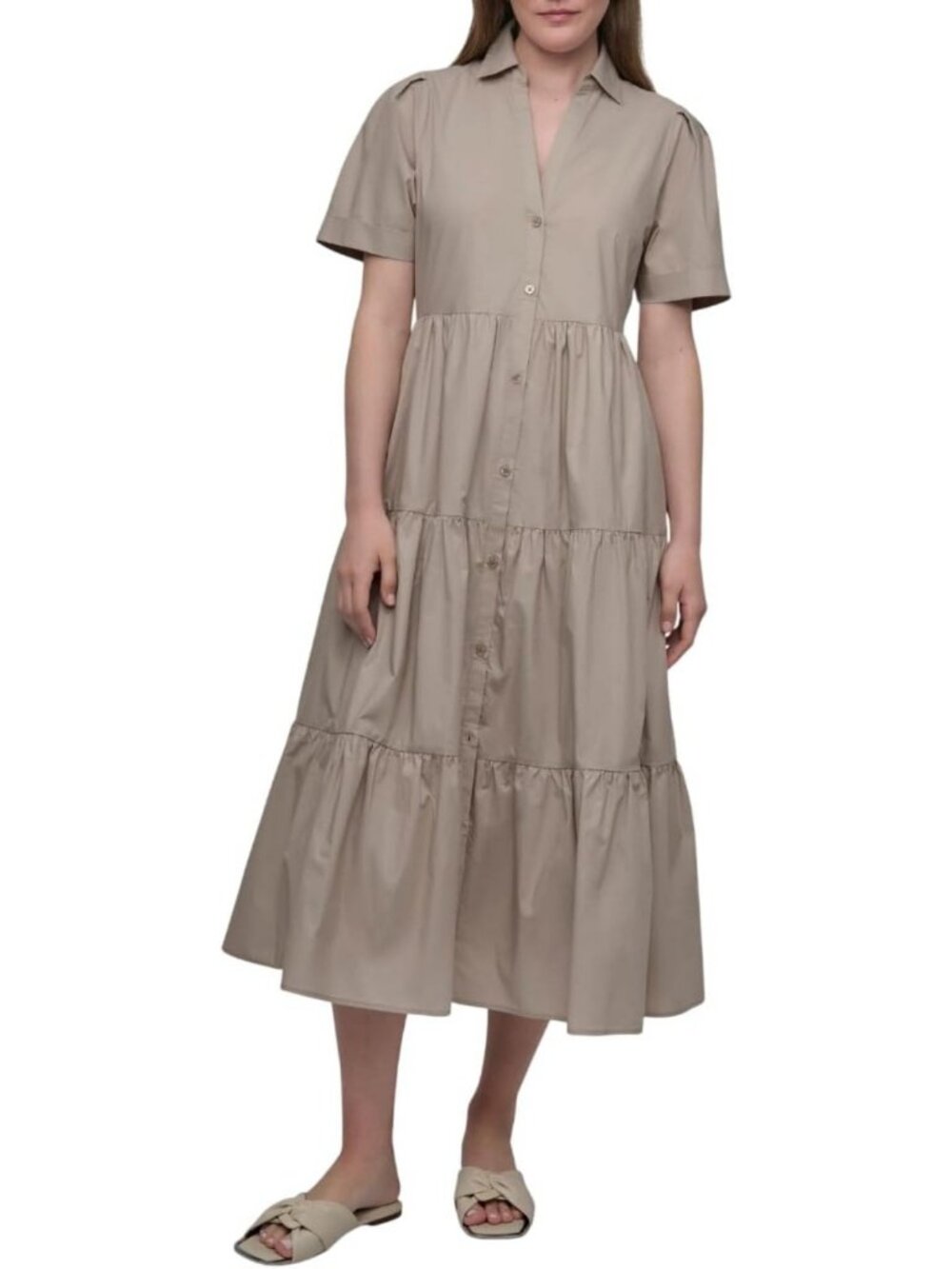 Chic Women's Button Front Poplin Tiered Dress with Short Puff Sleeves - Size